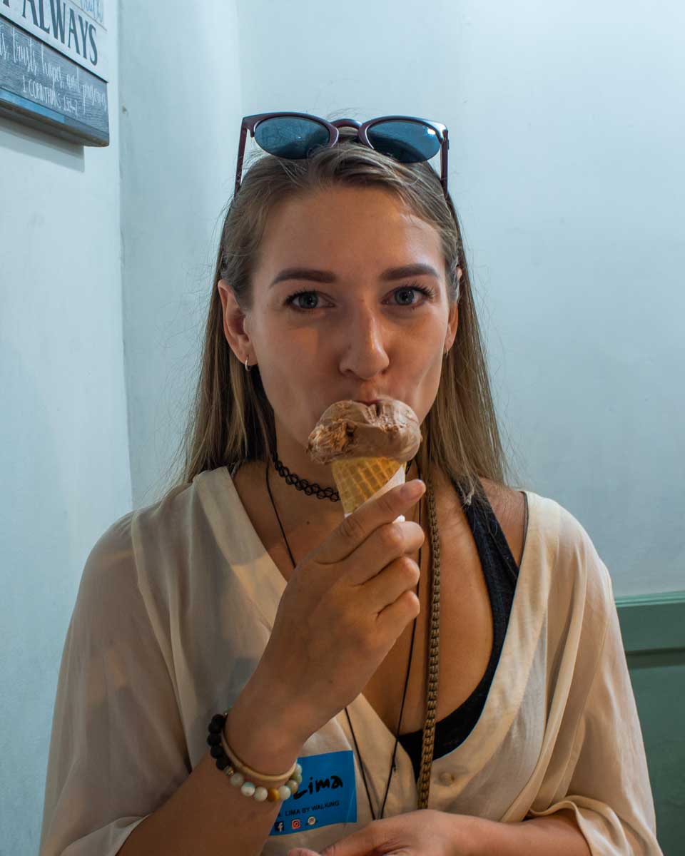 Bailey enjoys an ice cream on a food tour in Lima Peru