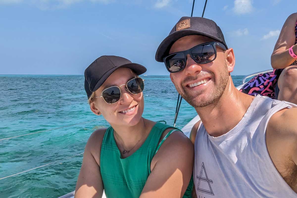 Daniel and Bailey take a selfie on a catamaran cruise Cabo San Lucas, Mexico