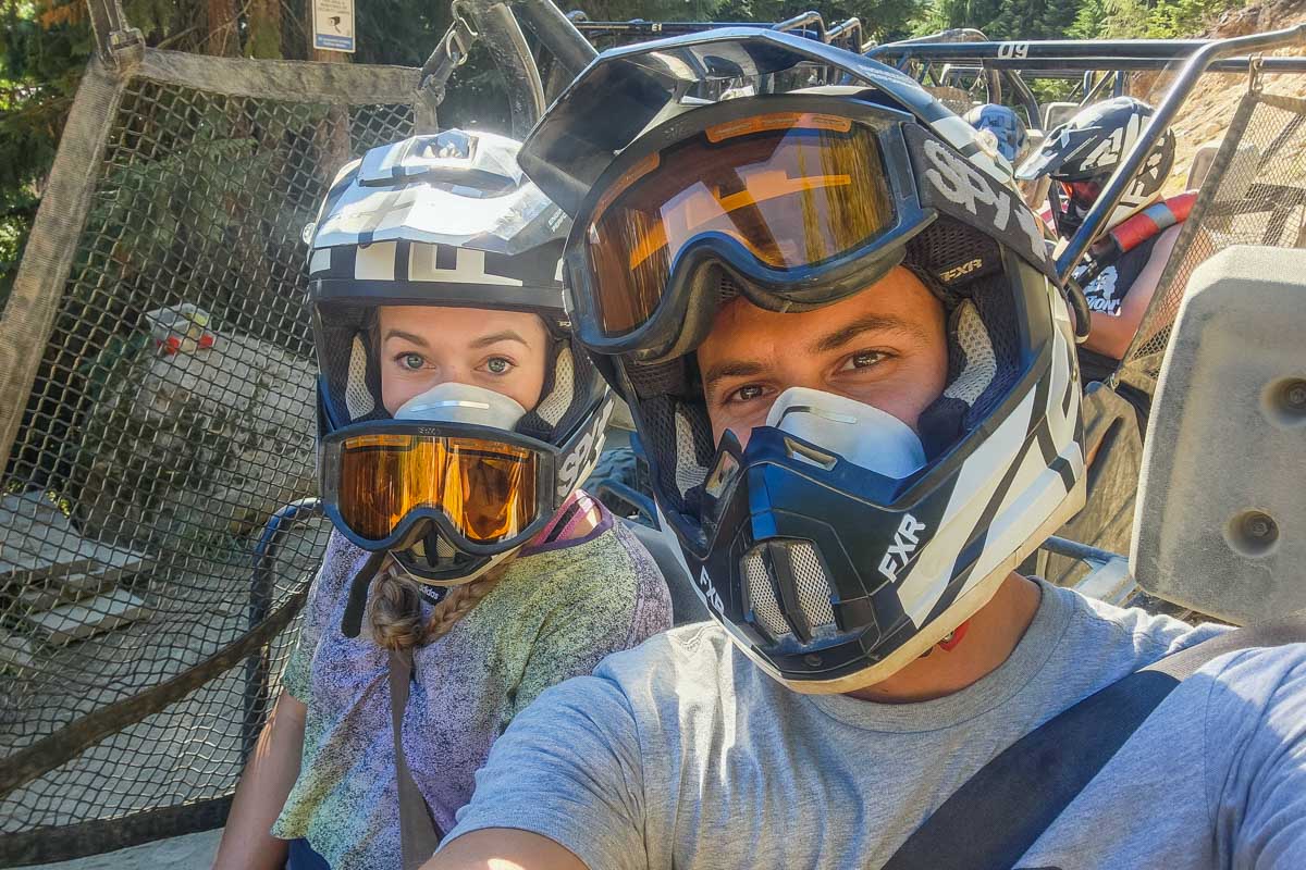 Daniel and Bailey take a selfie while ATVing in Playa del Carmen, Mexico