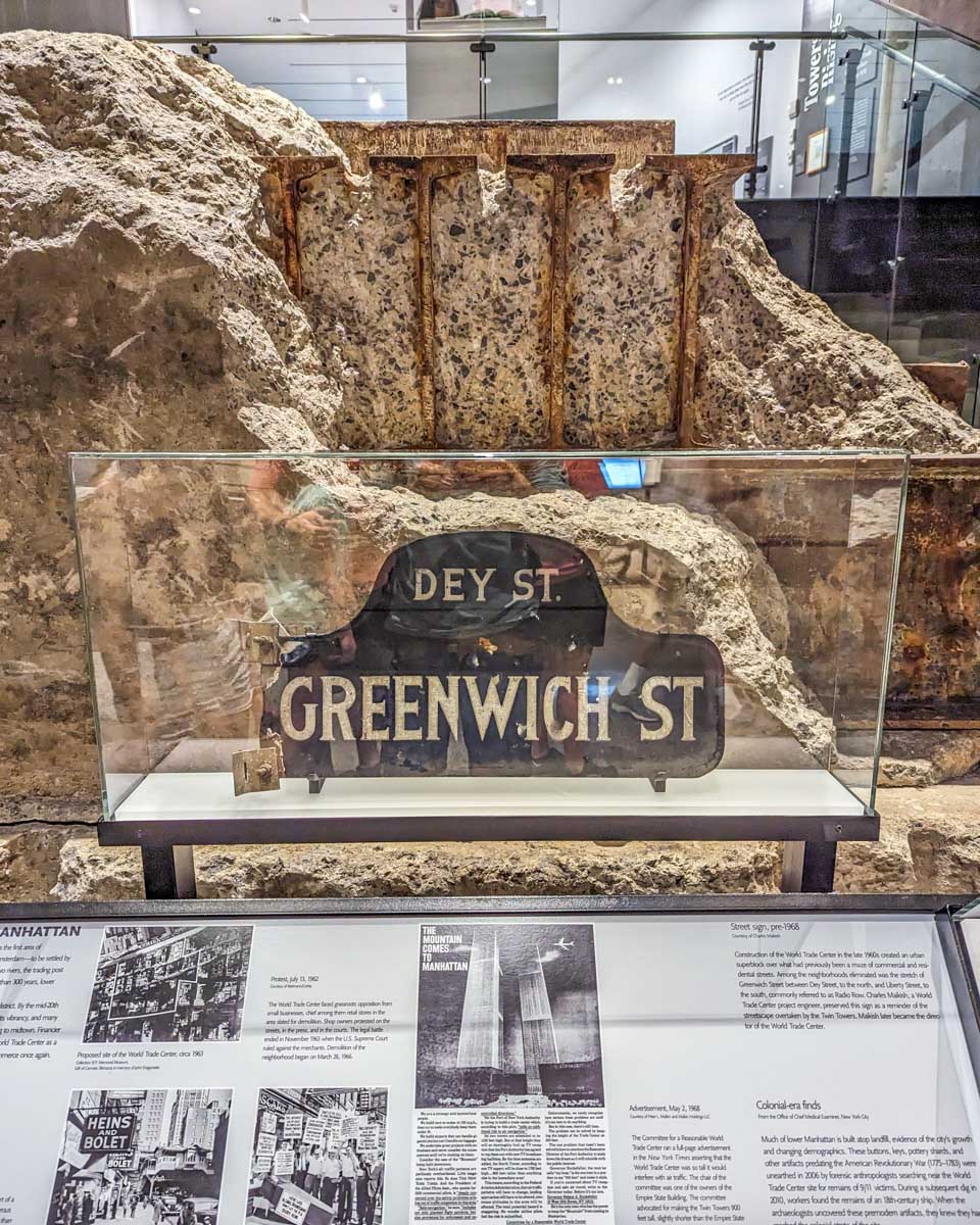 Greenwich Street sign that was destroyed during the 911 attacks sits inside the 911 Museum