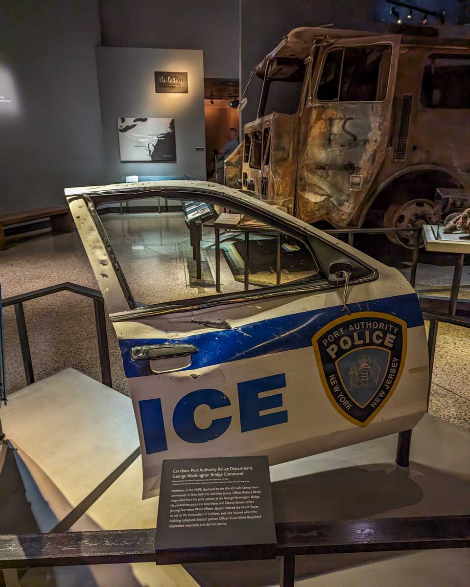 Police door from the police car that was destroyed during 911 in New York City that sits in the museum
