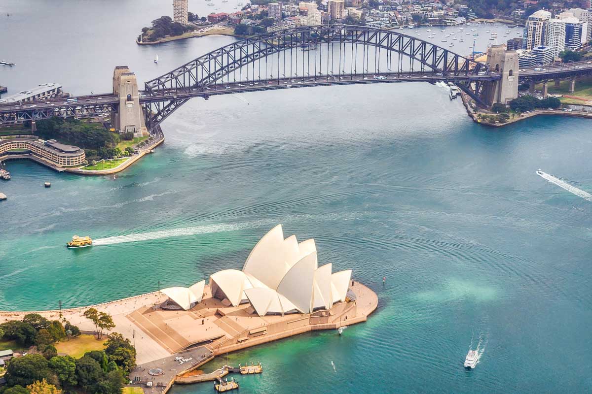 Sydney Opera House and Sydney Harbour Bridge as seen from the helicopter flight over Sydney