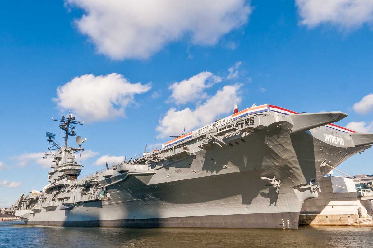 The intrepid ship docked in NYC which is the floating Intrepid Sea, Air & Space Museum