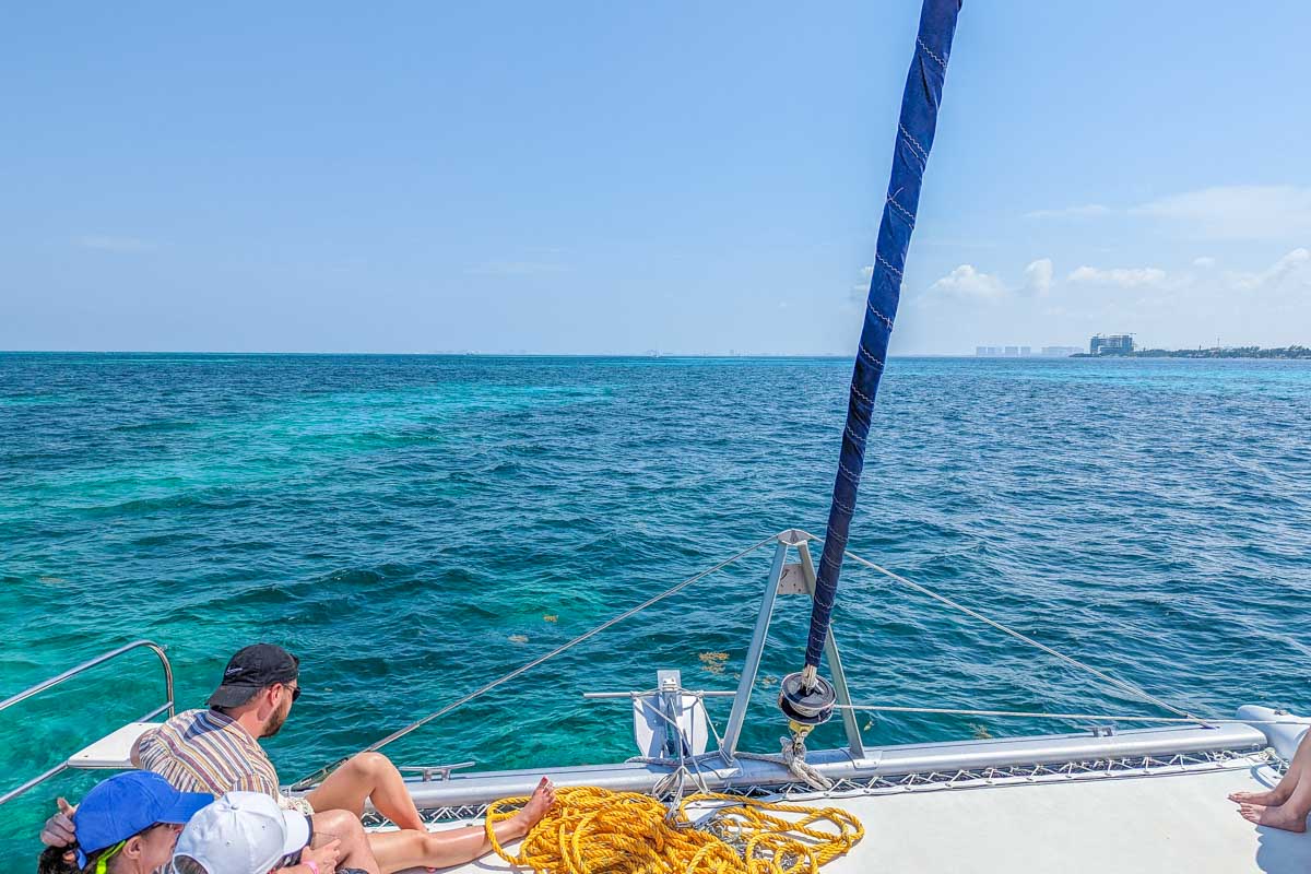 View out the front of the catamaran on our tour from Cancun to Isla Mujeres