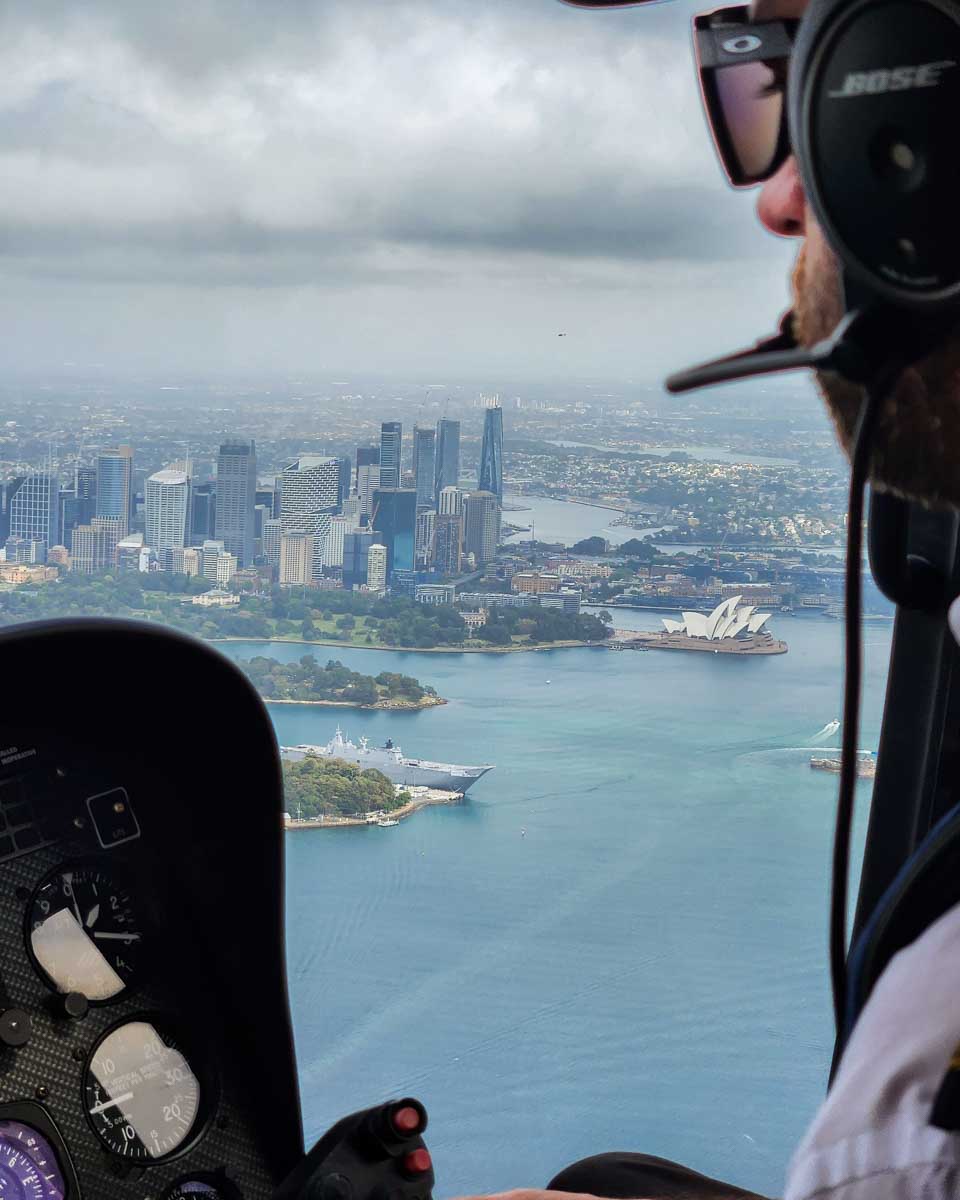 Views looking over the pilots shoulder at the Sydney Opera House on a scenic flight