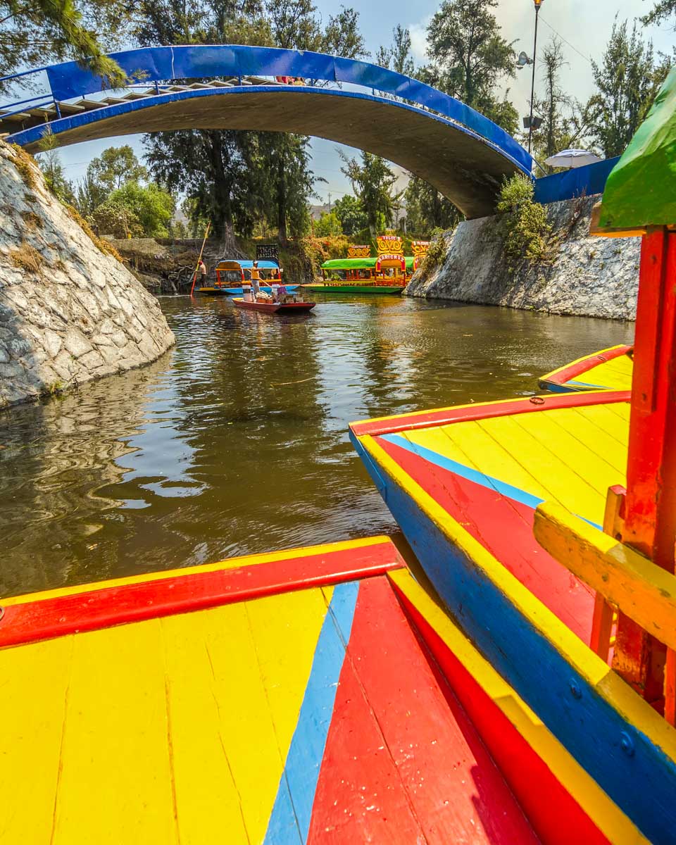 A colorful boat on the Xochimilco canals in Mexico City