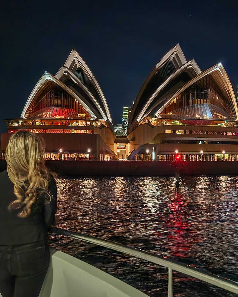 Bailey admires the Sydney opera House during a dinner cruise in Sydney Harbour