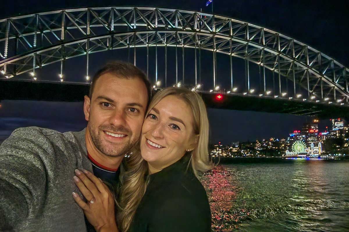 Bailey and Daniel take a selfie while on the Journey Beyond the Cruise Sydney Harbour Australia