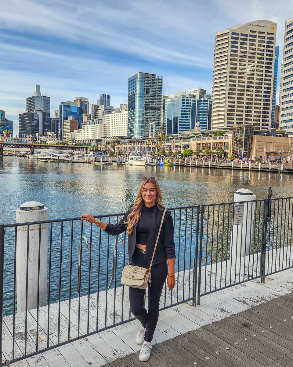 Bailey in Darling Harbour, Sydney on a guided walking tour