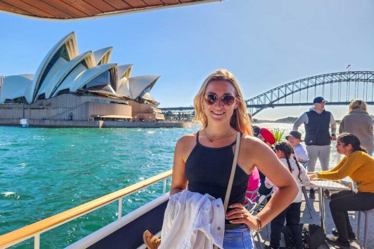 Bailey poses for a photo on the deck of a Sydney Harbour Cruise