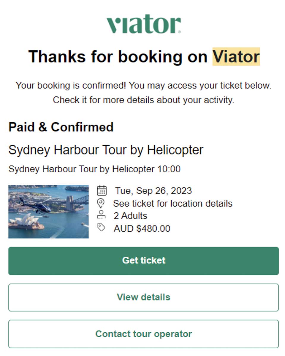 Booking confirmation from our helicopter tour we booked on viator