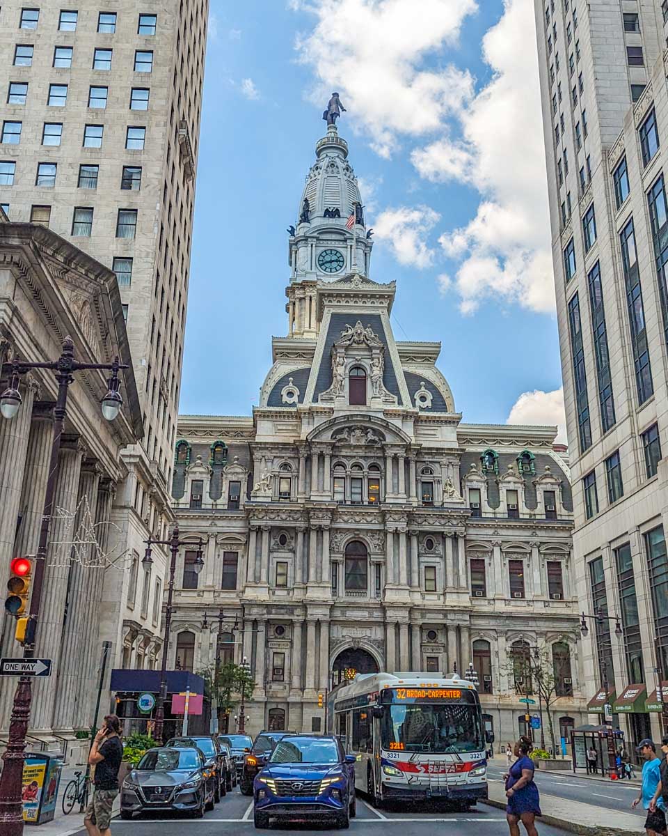 City Hall in Philadelphia sits in the distance with the famous statue on top