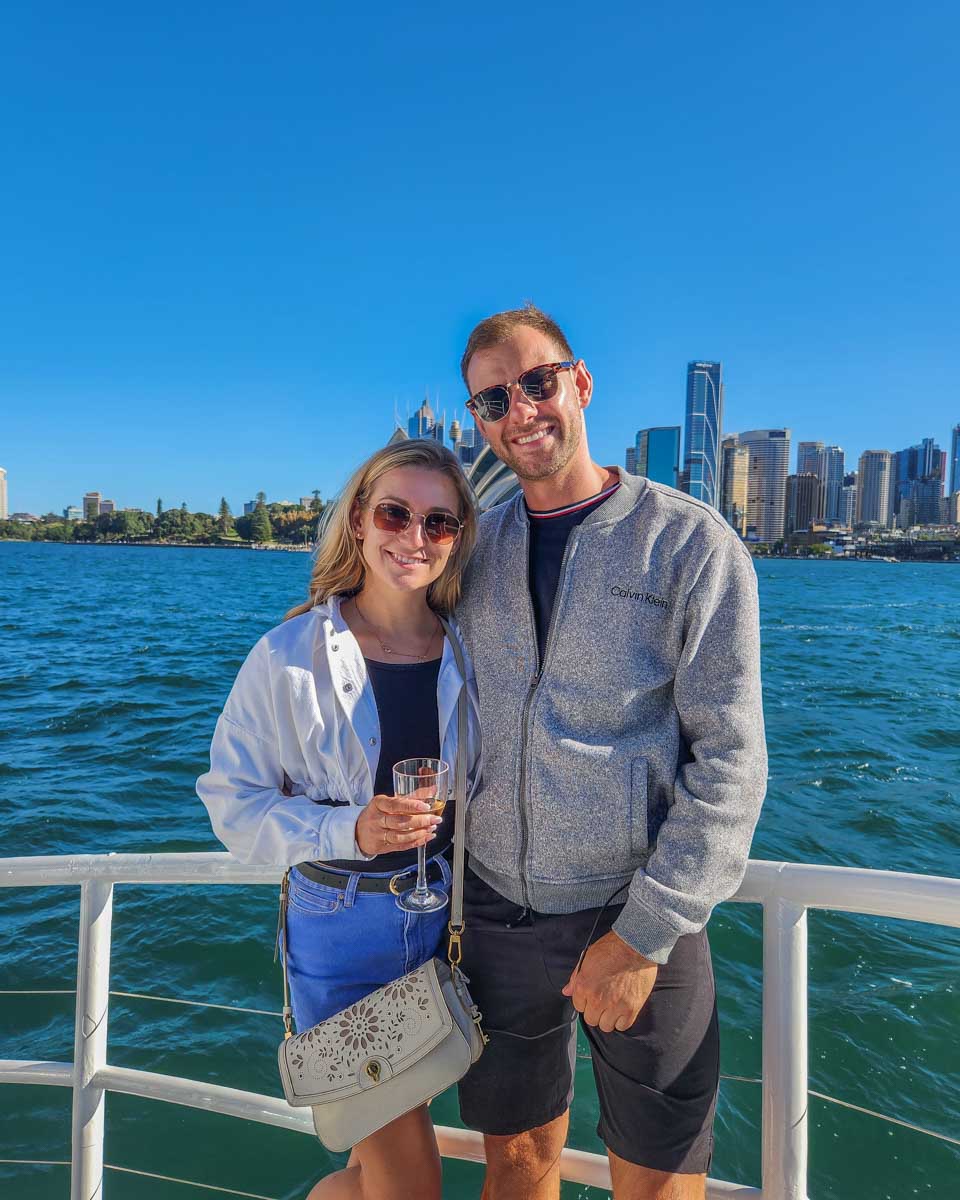 Daniel and Bailey pose for a photo on the Journey Beyond the Cruise Sydney lunch cruise