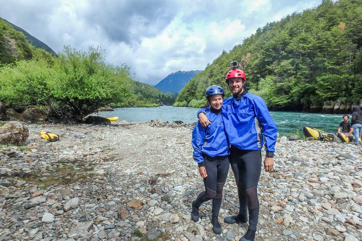 Daniel and Bailey pose for a photo while rafting in Futaleufu, Chile