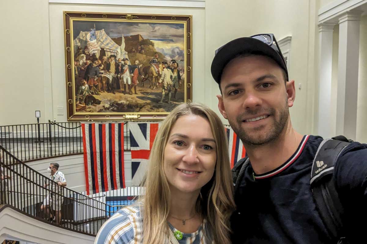 Daniel and Bailey take a selfie at th American Revolution Museum in Philadelphia, USA
