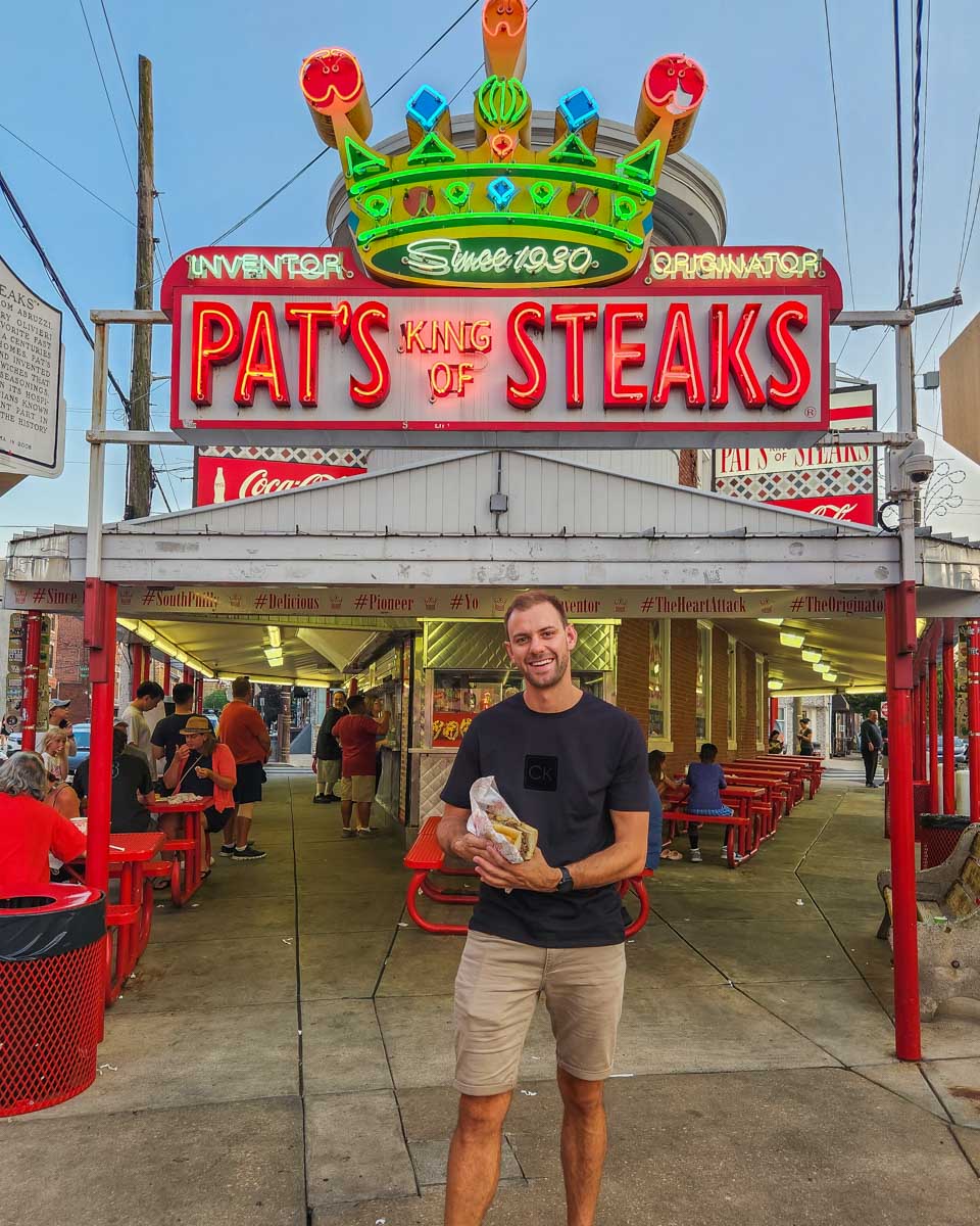 Daniel out the front of Pats steaks during our segway food tour in Philadelphia, USA