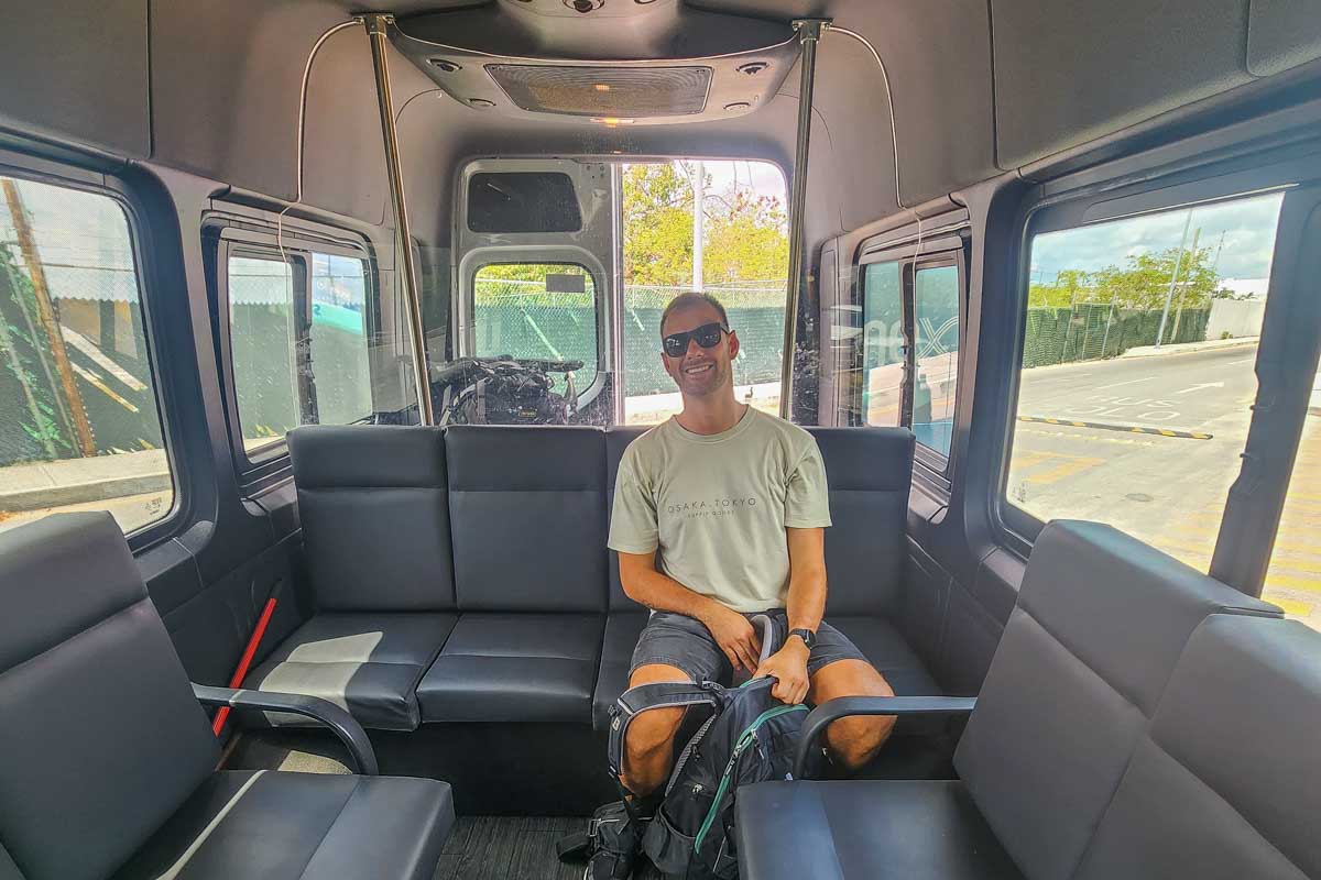 Daniel sits in a group shuttle in Puerto Vallarta, Mexico