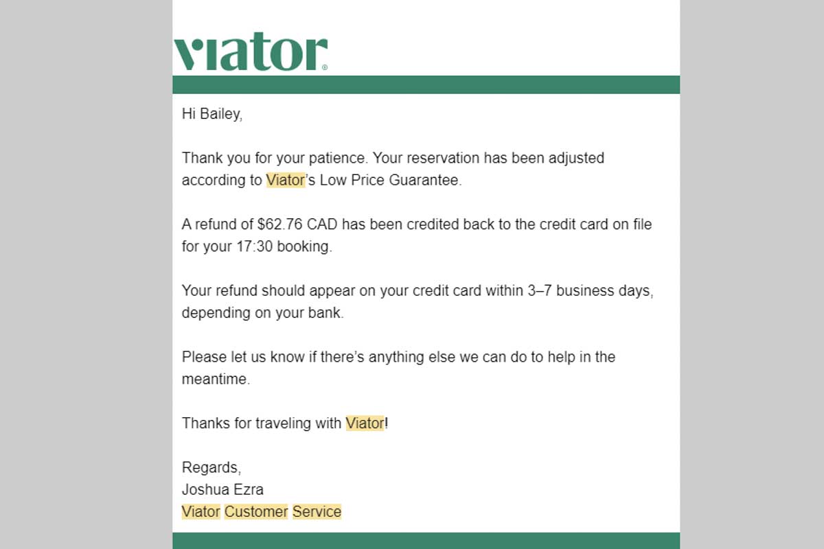 Email from Viator customer service about a refund from their lowest price guarantee
