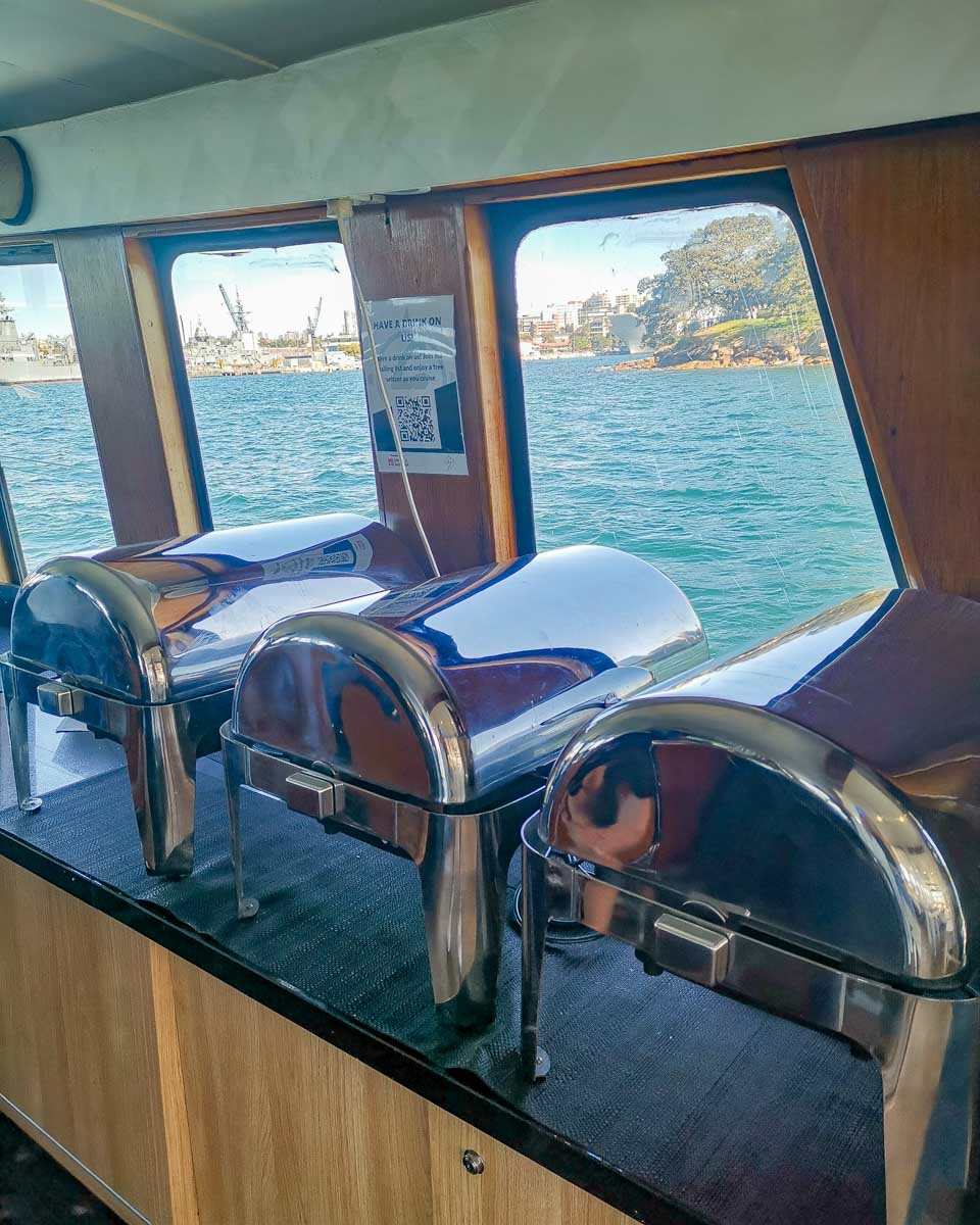 Food trays on a Sydney Harbour lunch cruise