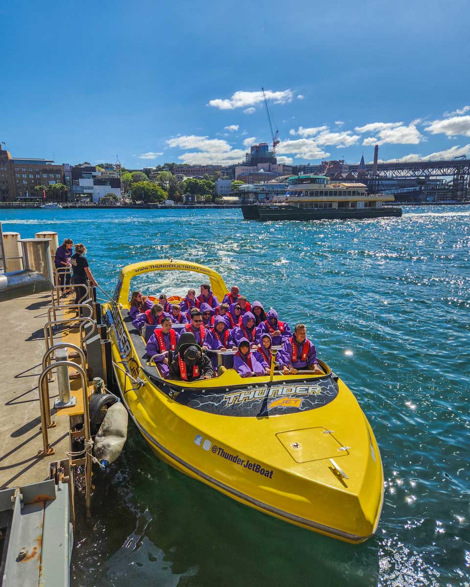 Group of people board a jet boat in Sydney, Australia