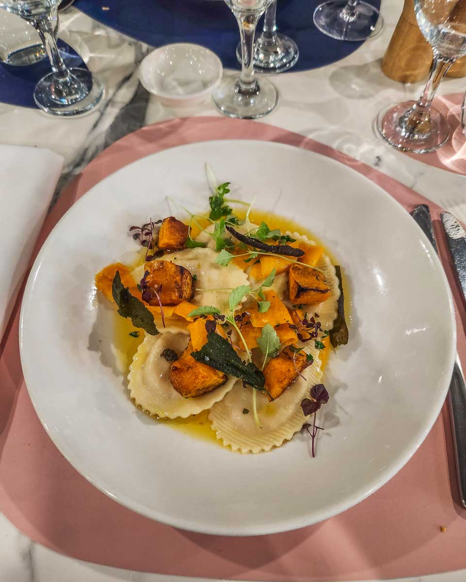 Main meal of ravioli served on the Journey Beyond Cruise Sydney dinner cruise