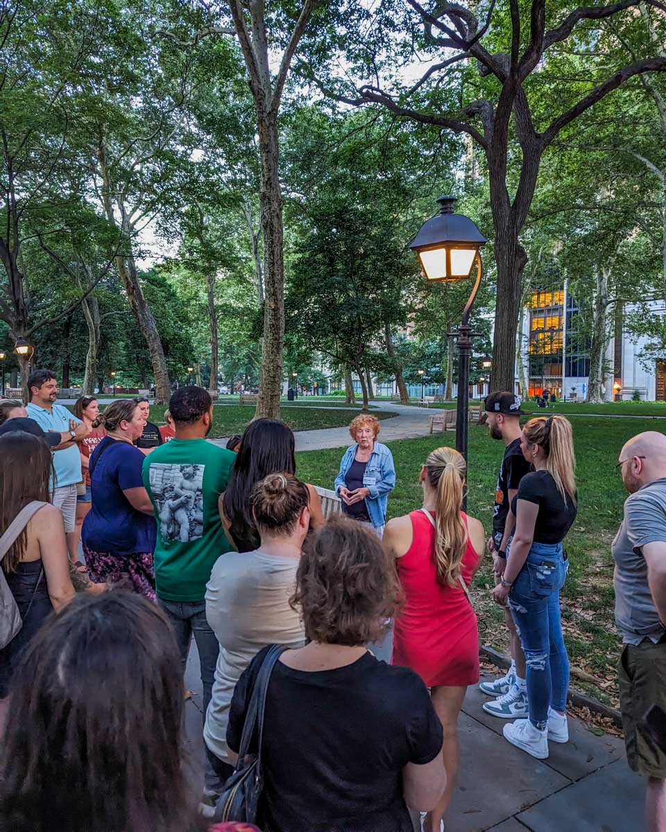 Our guide of our Dark Side of Philly tour talks to our tour group