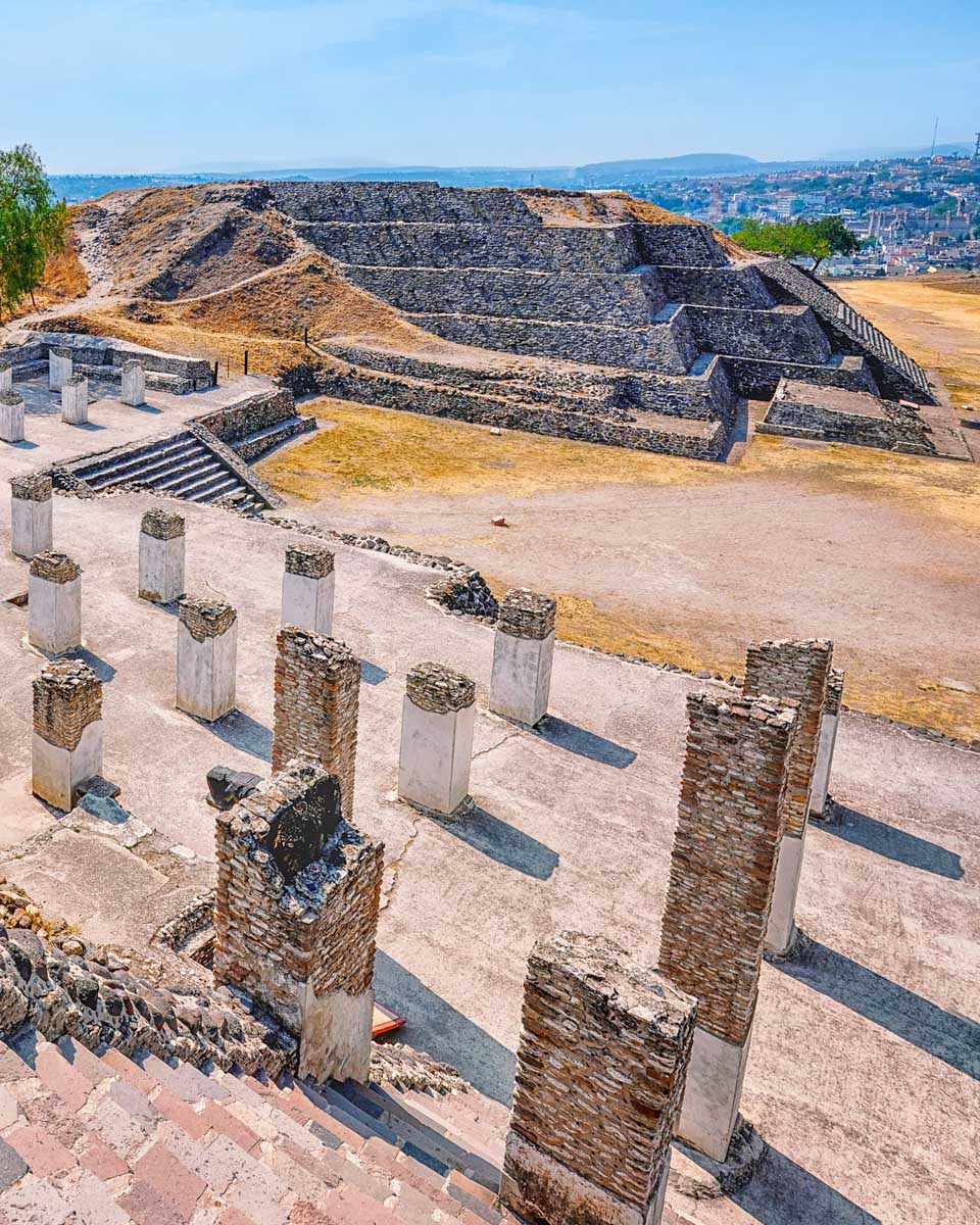 Pillars as seen from the top of a temple at Tula Ruins