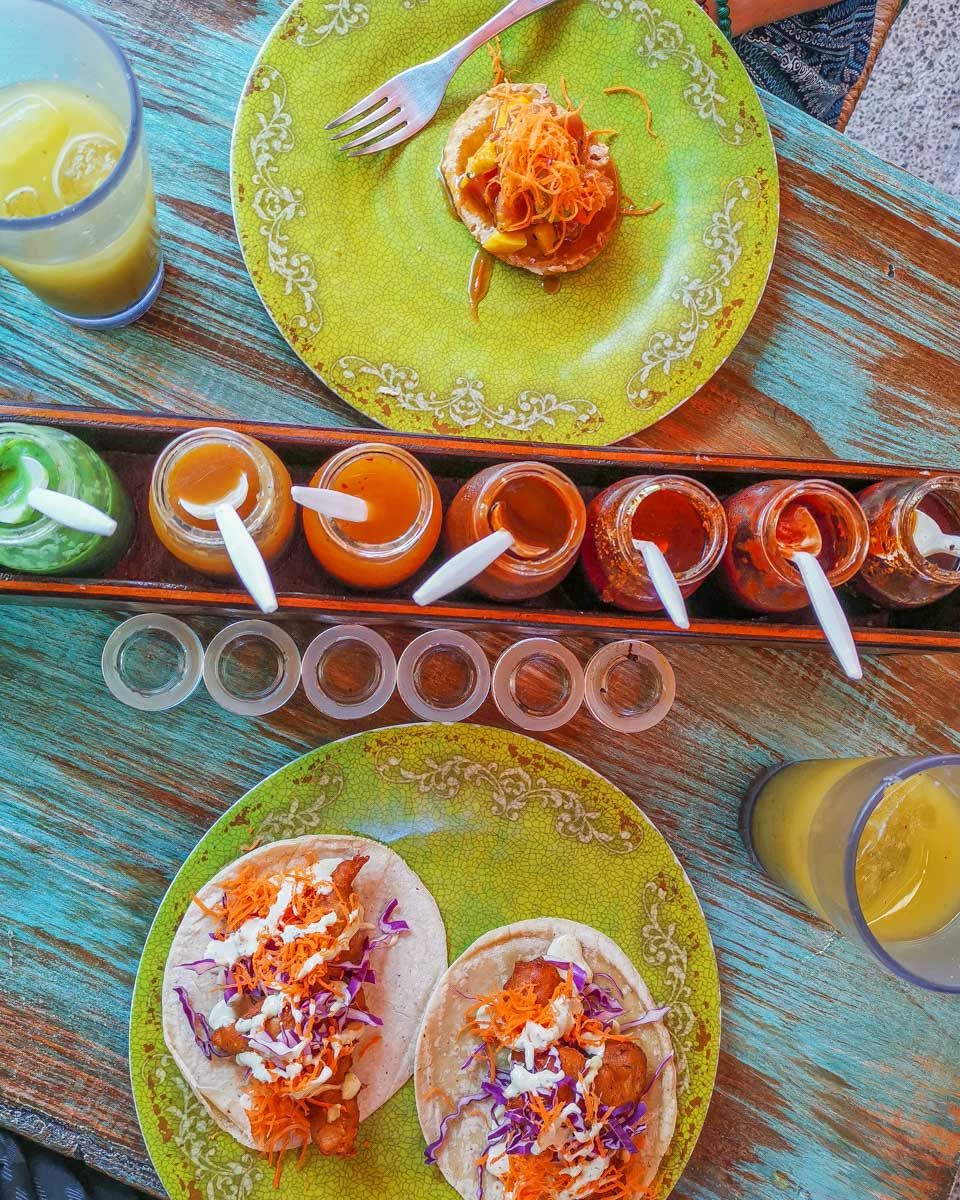 Tacos and salsas we tried on a table in Puerto Vallarta, Mexico