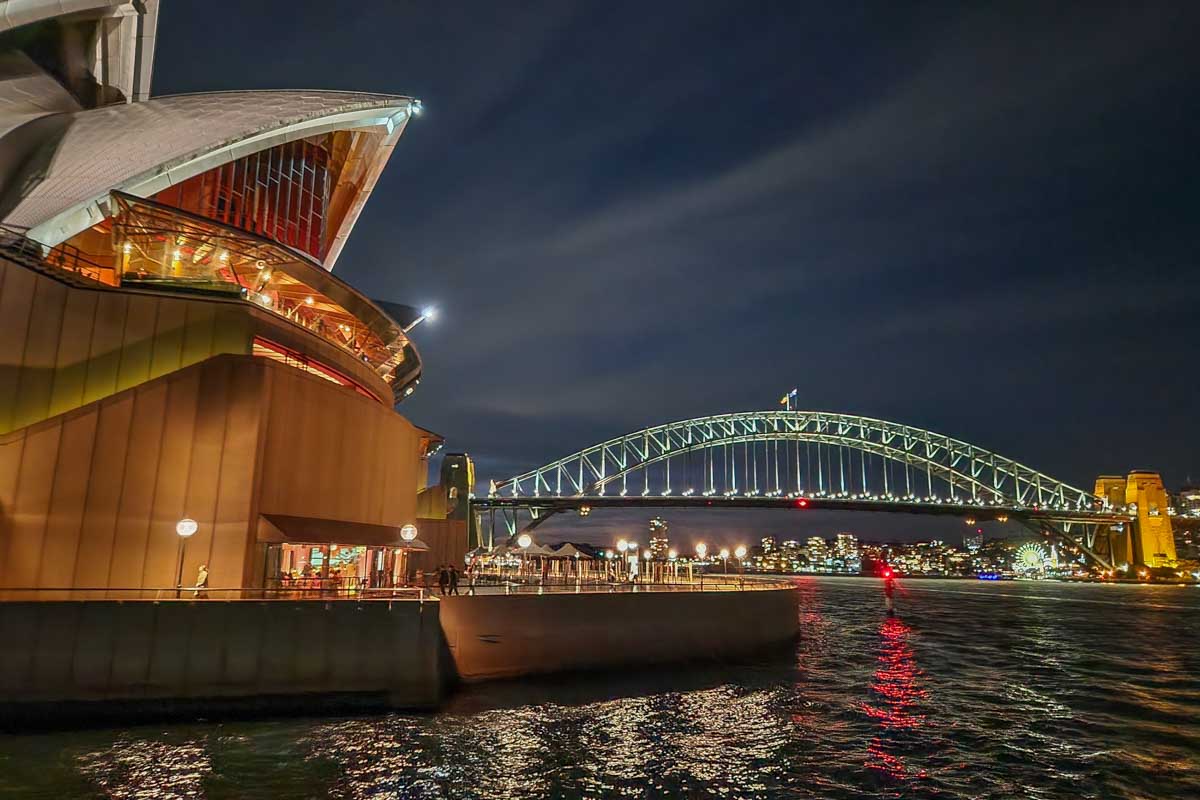 The Sydney Harbour Bridge and Sydney Opera House in Sydney as seen from a harbour cruise
