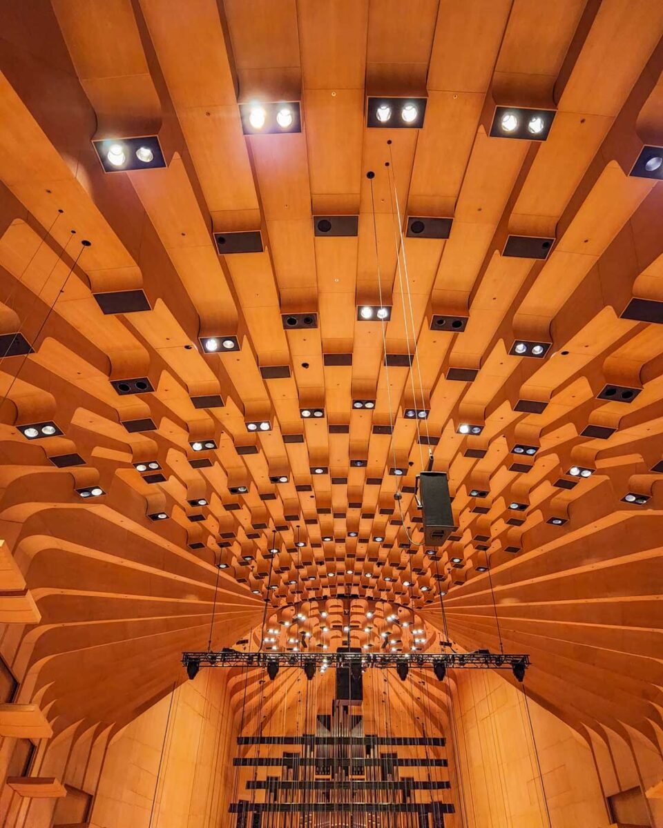 The roof of the concert hall of the Sydney Opera House as seen on a tour