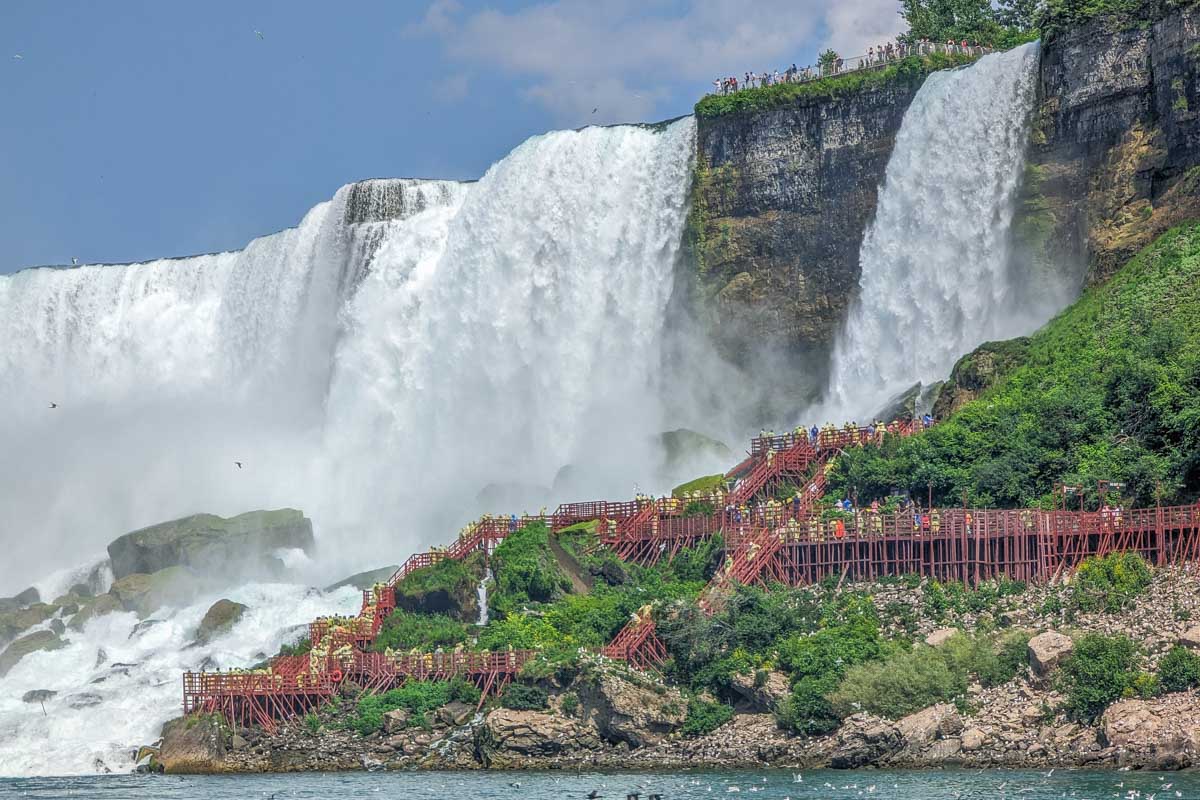 Water crashes beside people as they enjoy Niagara Falls from one of the walkways on the USA side