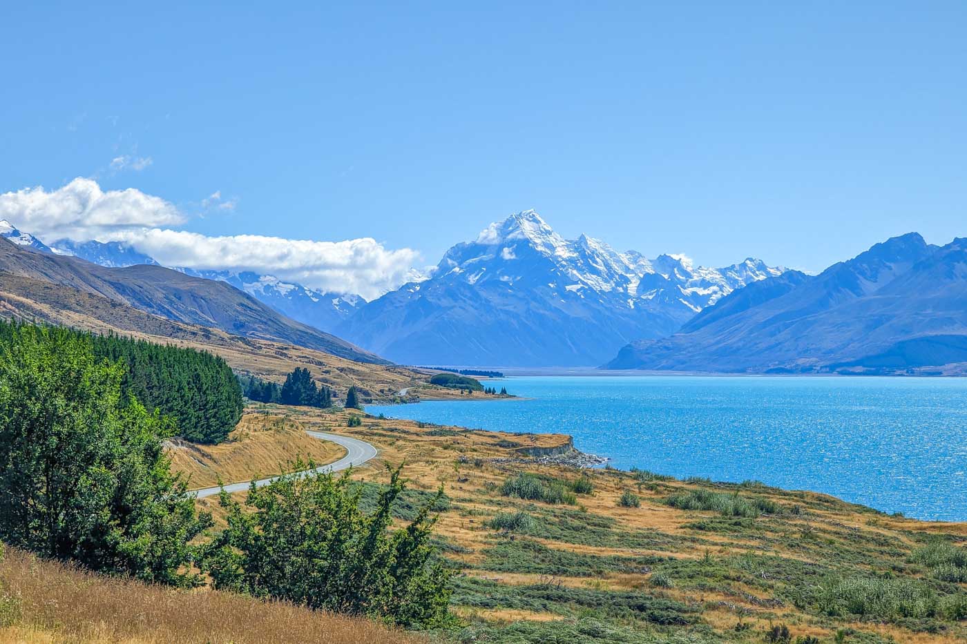Windy road leads to Mount Cook National Park in New Zealand