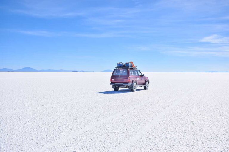 A 4wd tour car on the Uyuni Salt Flat in Bolivia