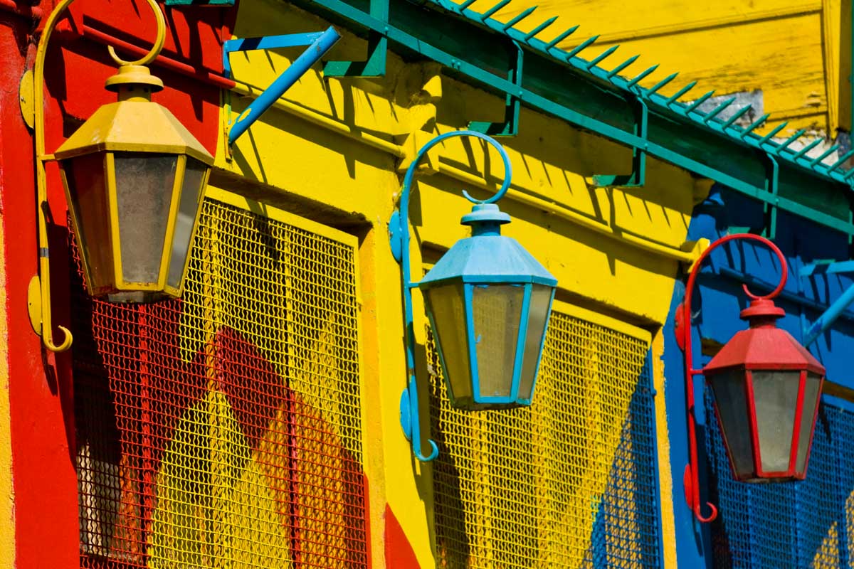 Cute street lights painted in colors in La Boca, Buenos Aires, Argentina