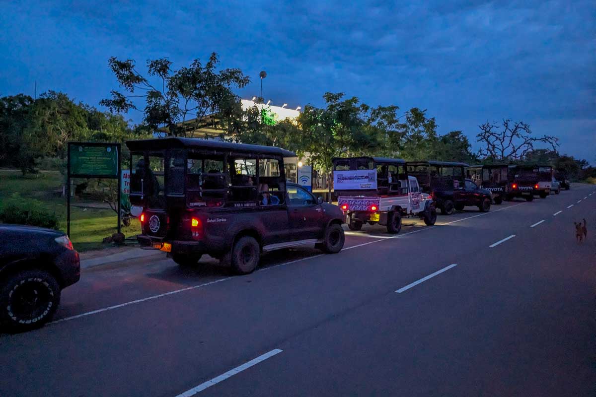 Jeeps lined up at the entrance of Yala national park in tthe morning Sri Lanka