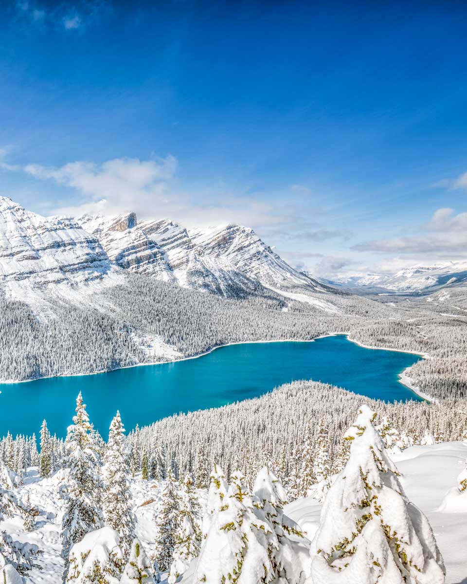Peyto Lake in winter just before the lake freezes over