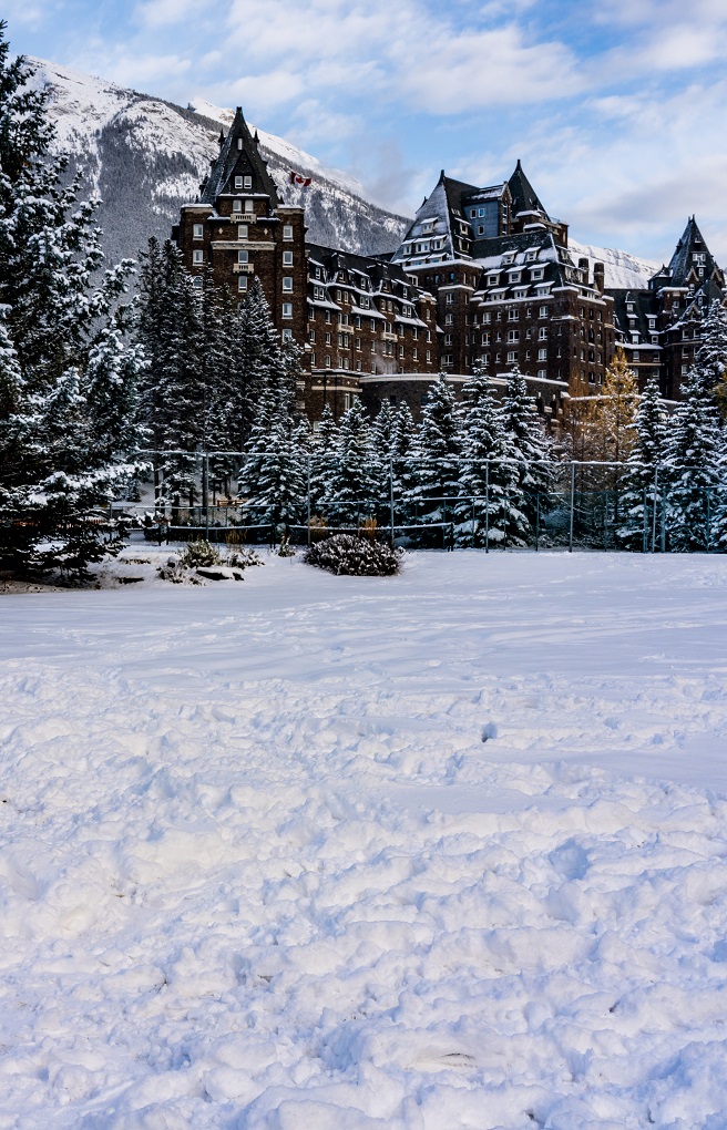the Fairmont Banff Springs at Christmas surrounded by snow