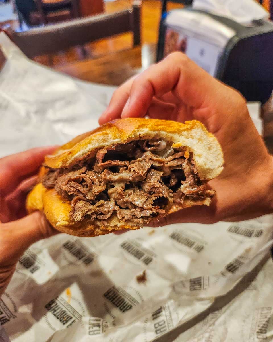 A close up of a cheese steak from Oh Brother Philly