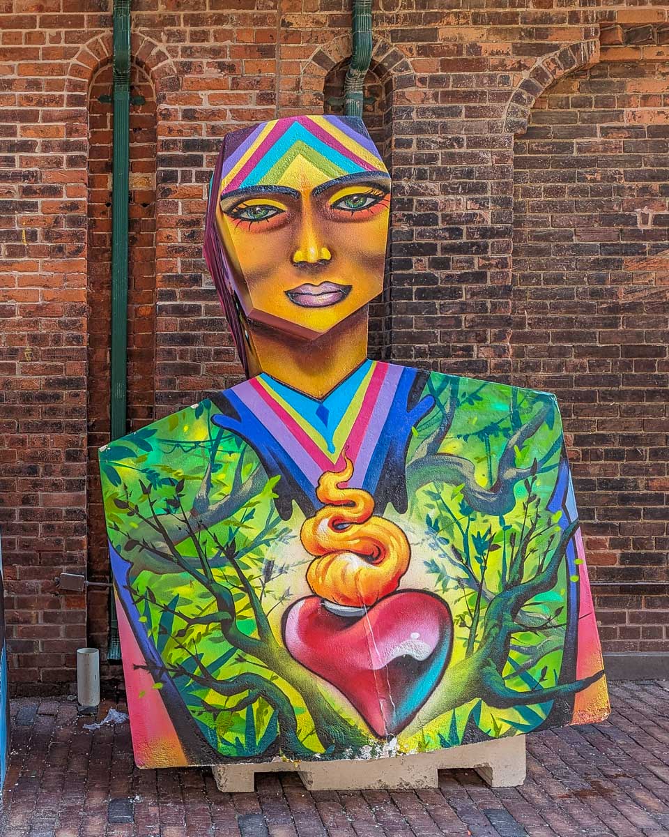 A colorful sculpture inside the Toronto Distillery District in Canada