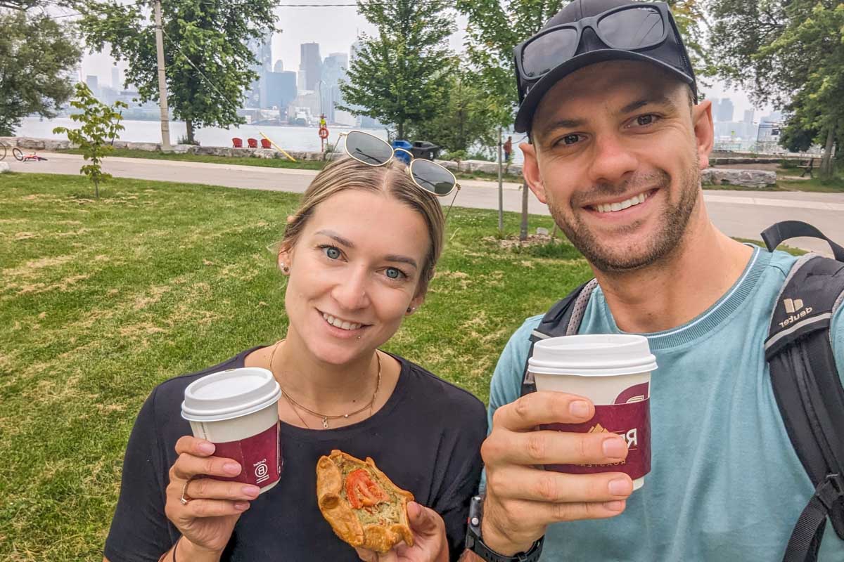 Bailey and Daniel with coffees from The Riviera on the Toronto Islands