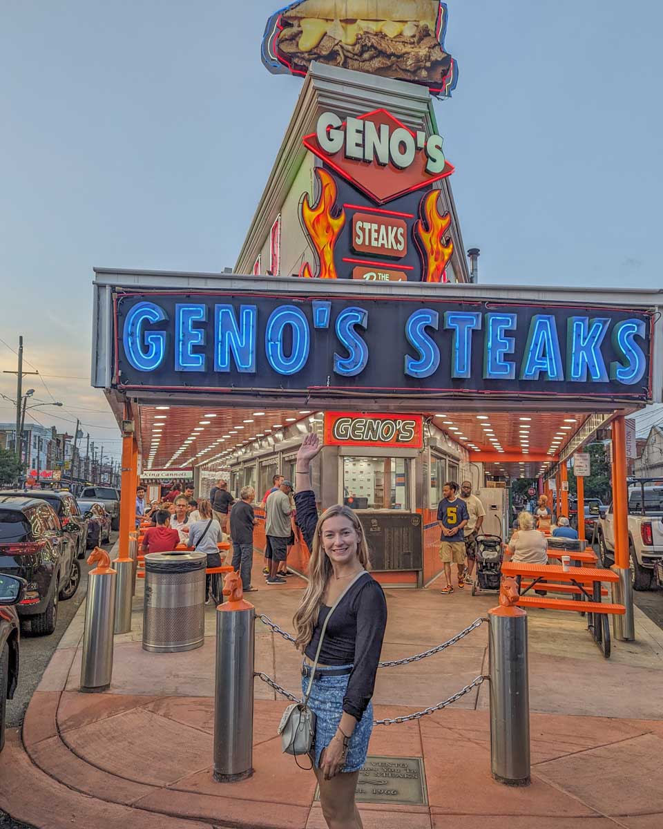 Bailey stands out the front of Genos Steaks in Philadelphia, USA