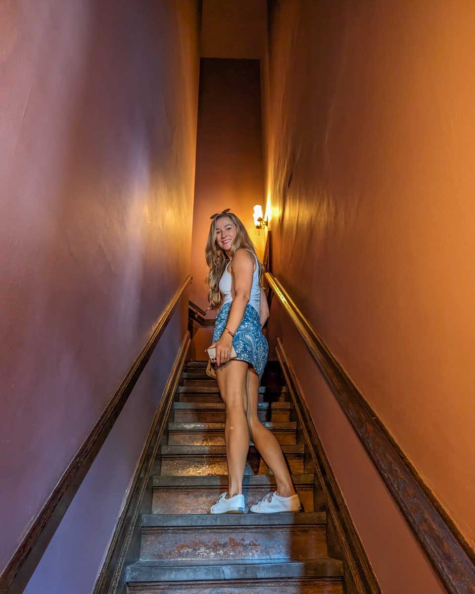 Bailey walks up a staircase in Casa Loma, Toronto