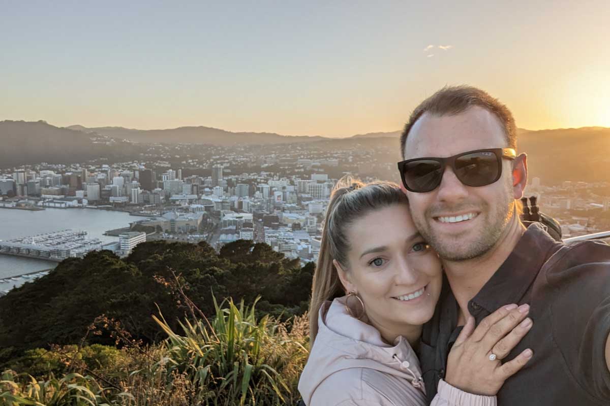 Daniel and Bailey take a selfie in Wellington, NZ at sunset