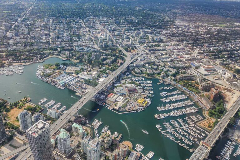 Granville Island as seen from a scenic flight in Vancouver, Canada