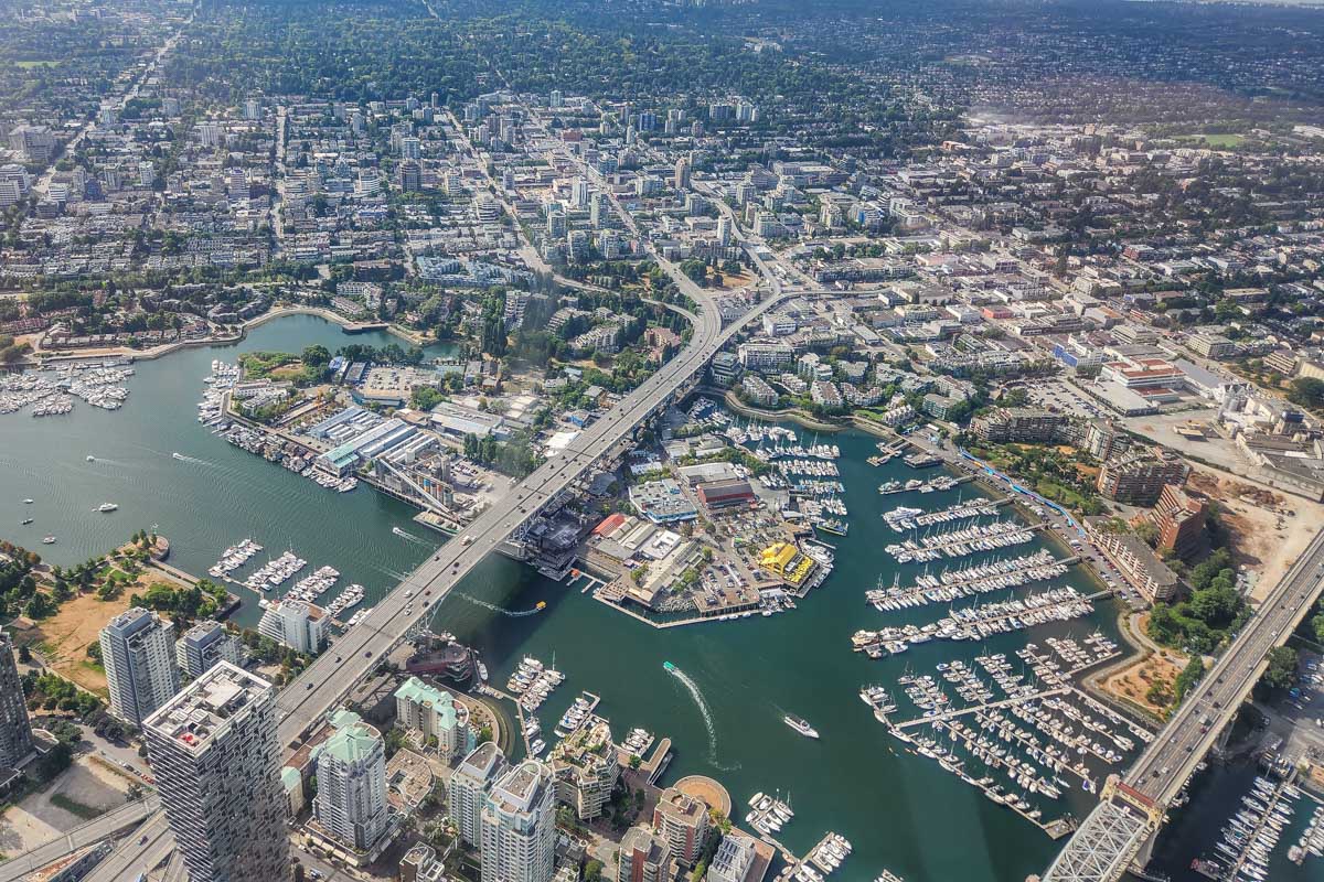 Granville Island as seen from a scenic flight in Vancouver, Canada