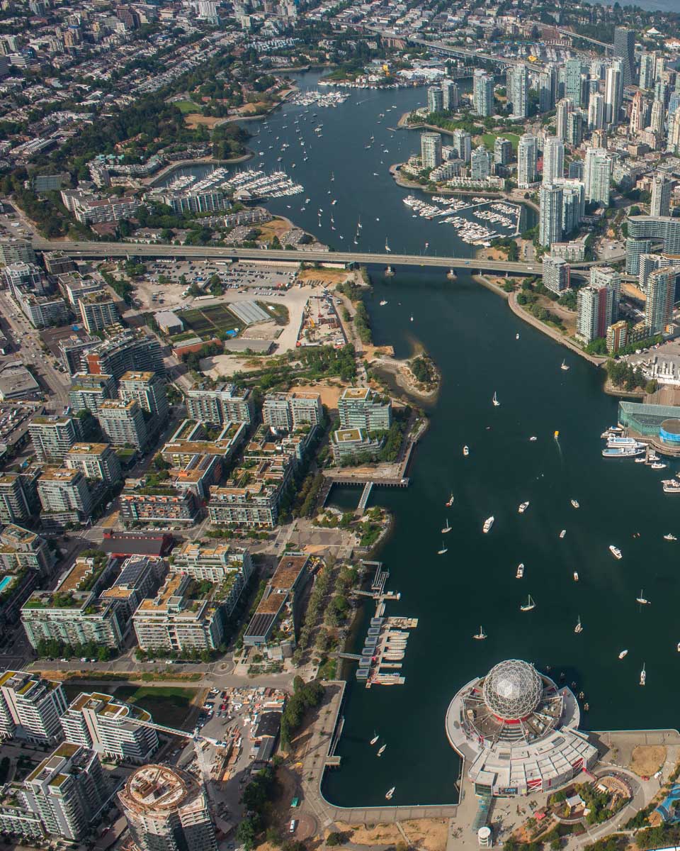 Olympic Village as seen from a scenic flight in Vancouver, Canada