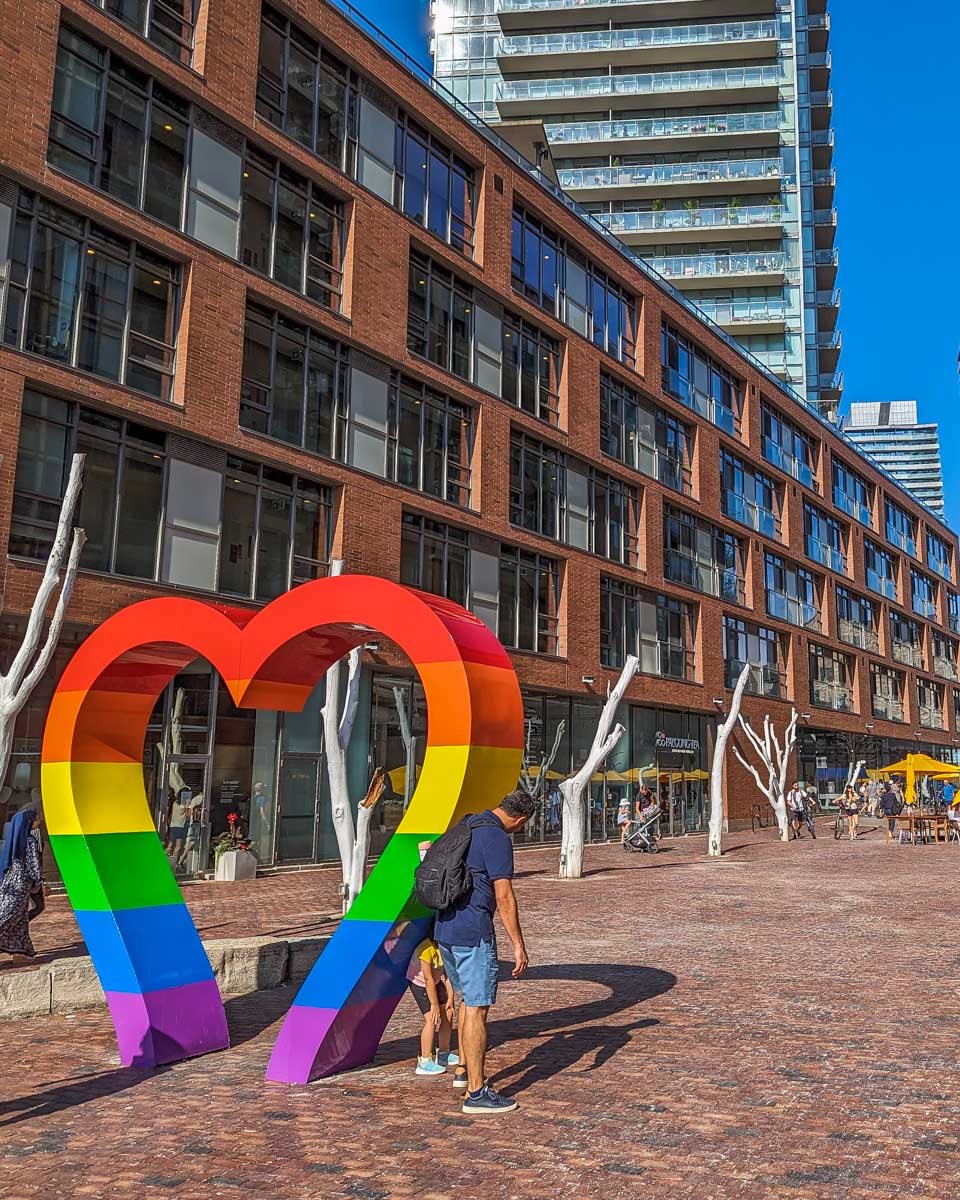 Rainbow love heart at the entrance to the Toronto Distillery District in Toronto Canada