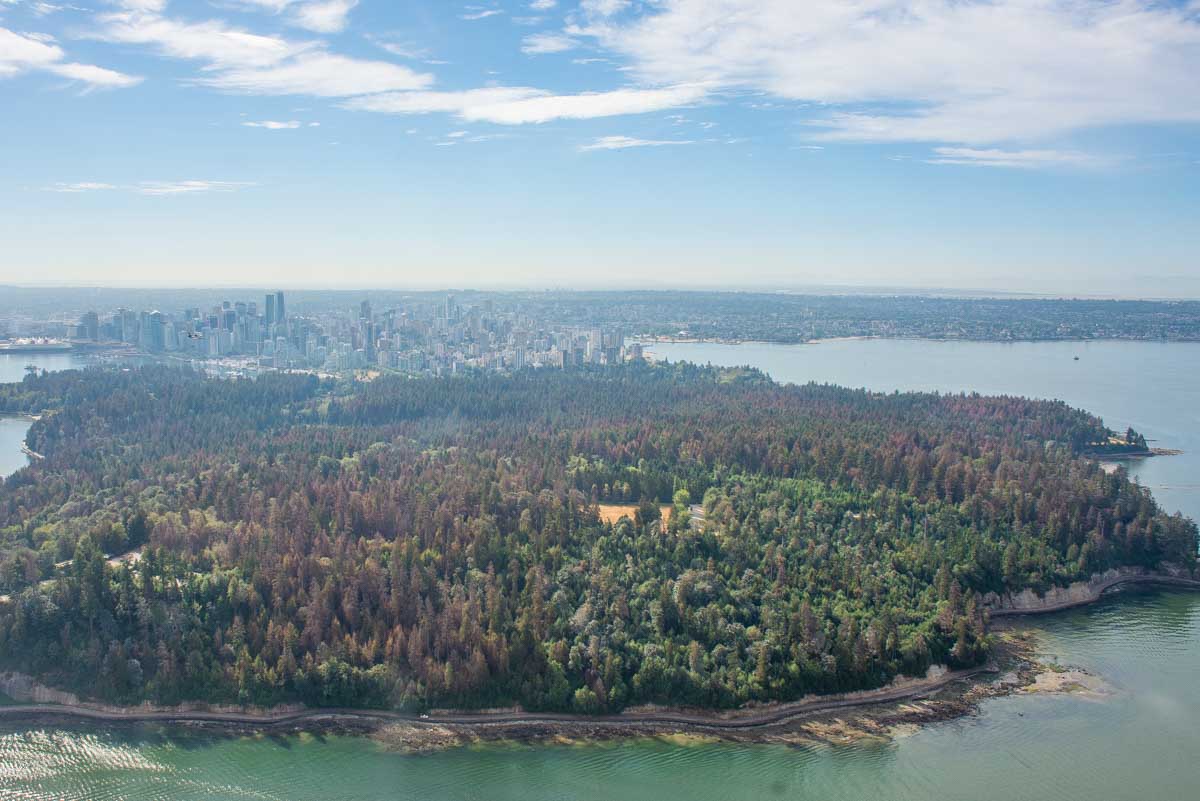 Stanley Park as seen from a helicopter in Vancouver
