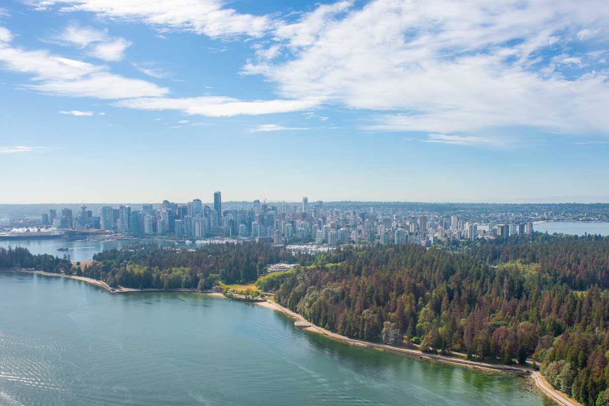 Vancouver city skyline and Stanley Park from a helicopter in Vancouver
