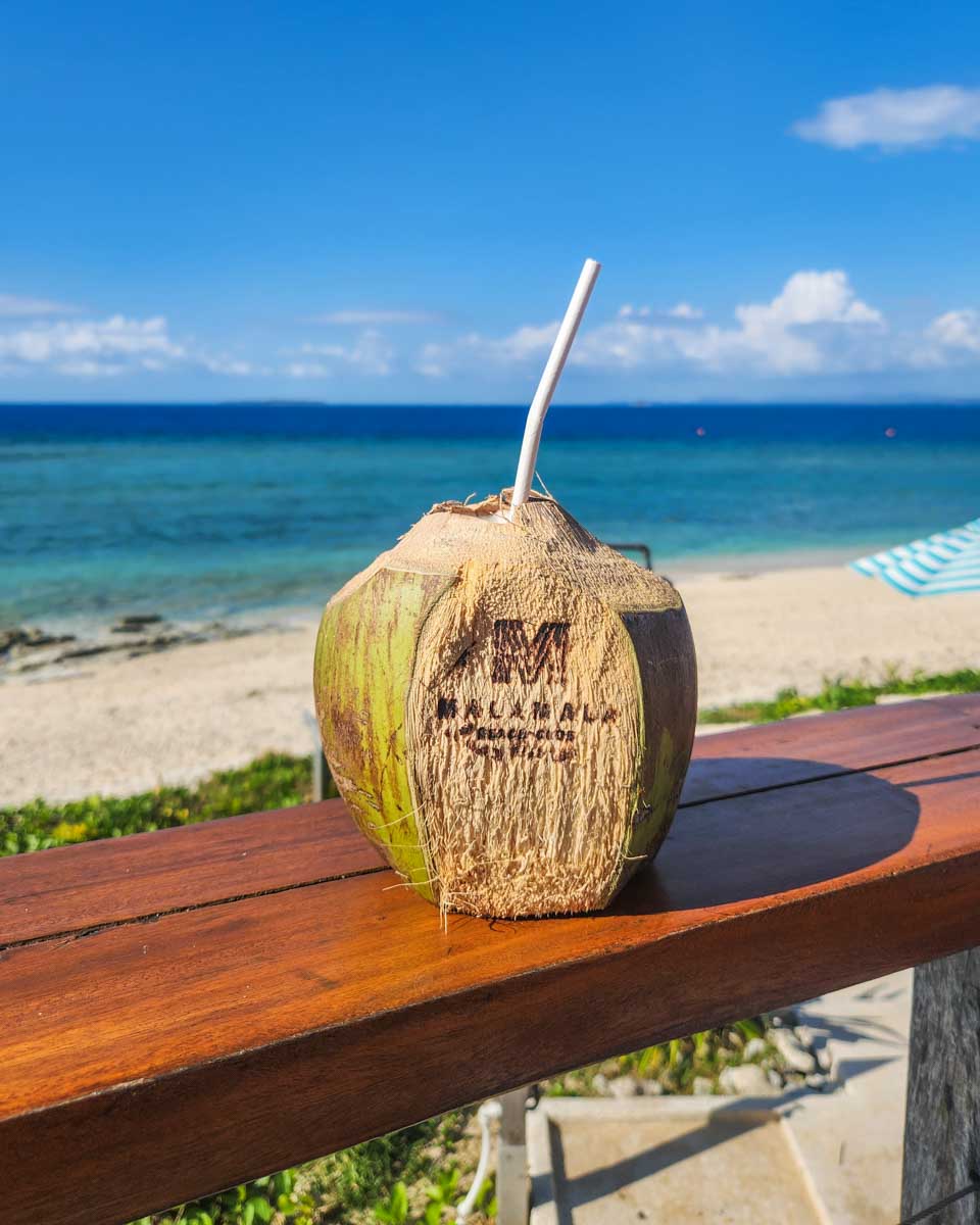 A branded coconut at Malamala Beach Club